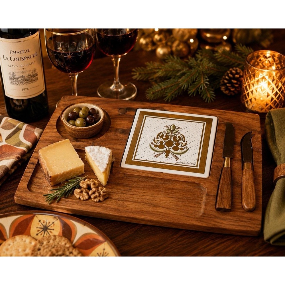 Vintage Georges Briard Cheese Board Set MCM Wood Tile Charcuterie w Knives